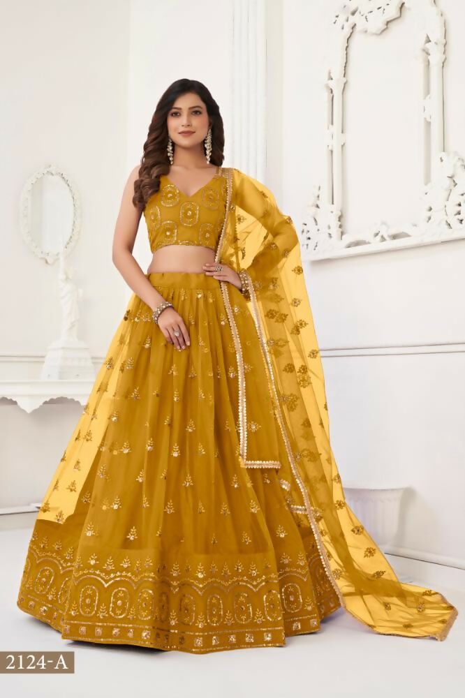 Mustard Yellow Butterfly Net Lehenga with Sequence Embroidery