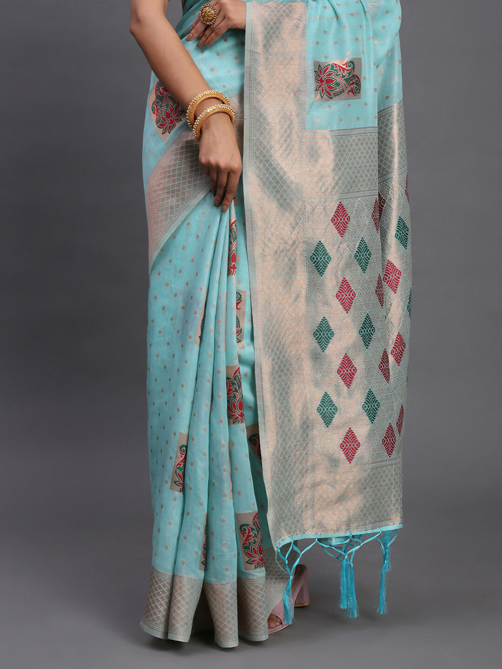 Sky Blue Linen Cotton Saree with Matching Blouse Piece