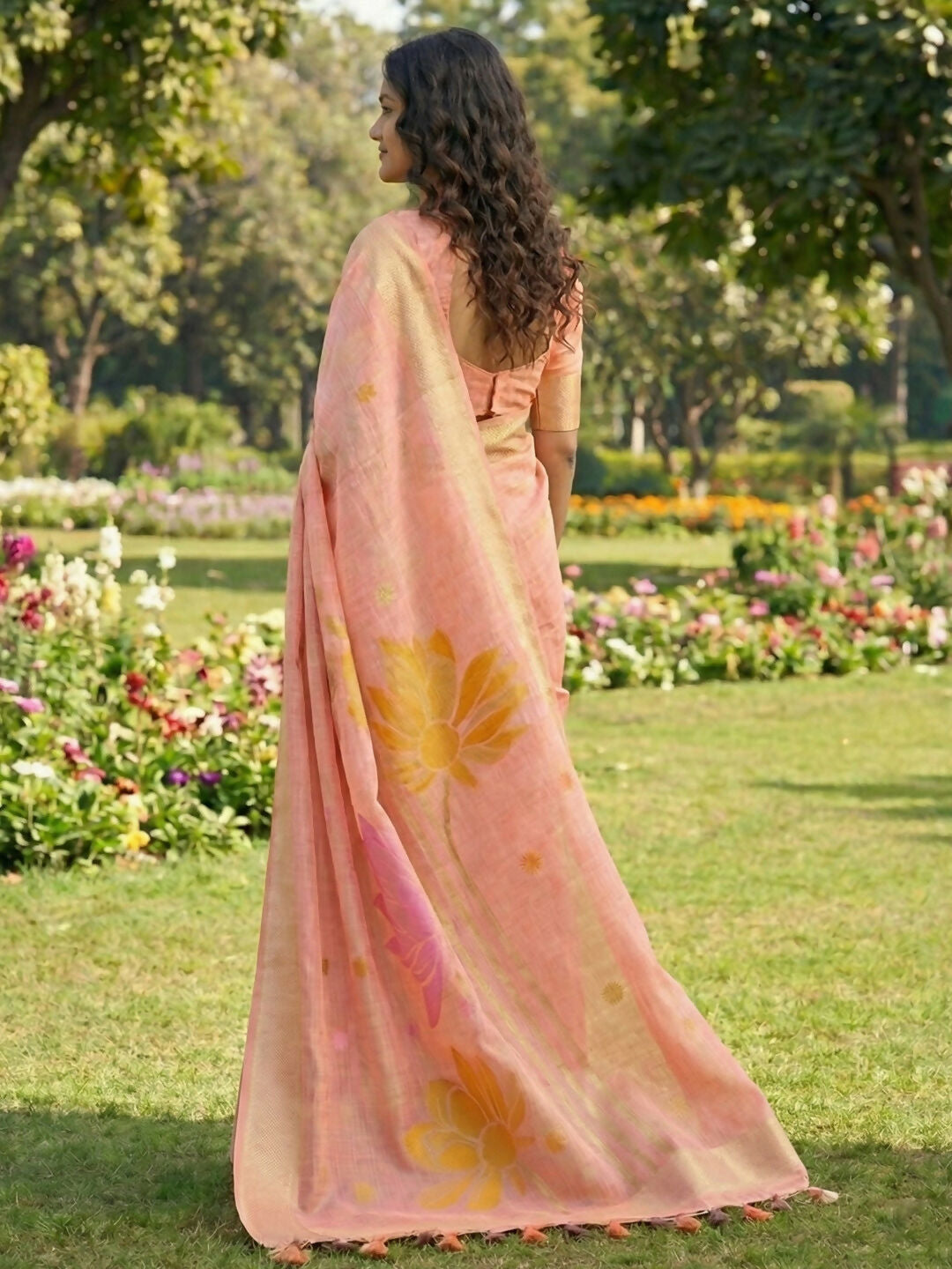 Peach Linen Cotton Saree with Matching Blouse Piece