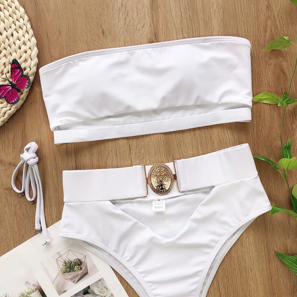 Chic Metal Buckle Strapless Bikini Swimsuit for Women