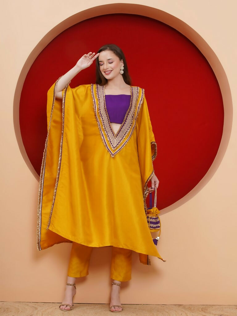 Yellow Kaftaan Set with Inner and Potli Bag - Bohemian Party Wear