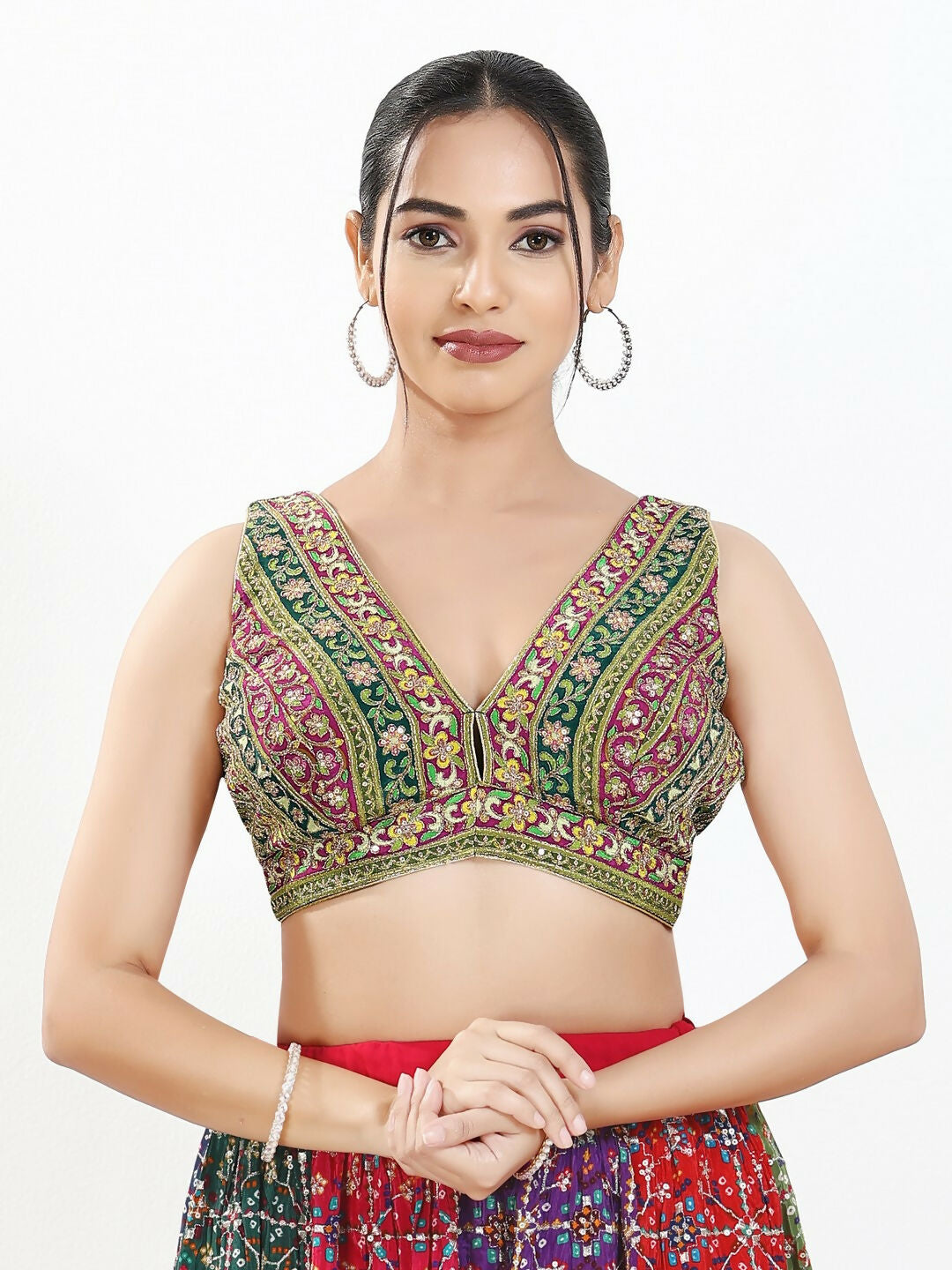 Joban Fashion Green Multi Georgette Padded Blouse With V Neck Sleeveless