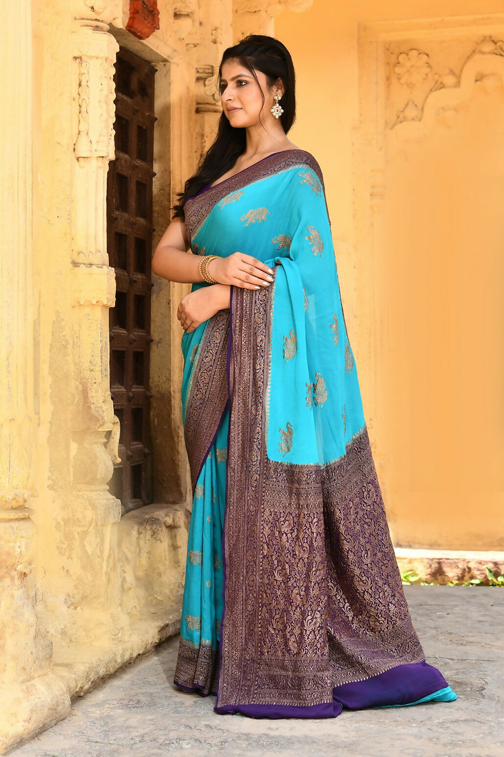 Sky Blue Crepe Chiffon Pure Handloom Banarasi Silk Saree