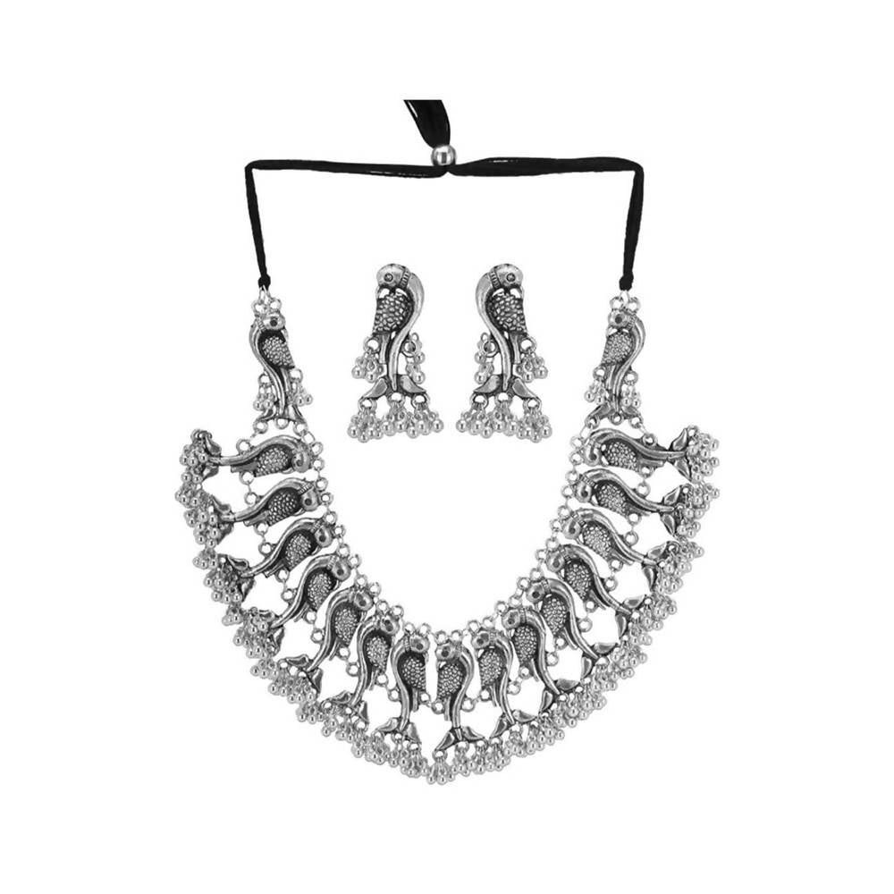 Silver color choker necklace featuring parrot design and traditional ghungru accents
