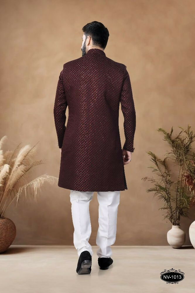 Men's Maroon Silk Indo-Western Kurta Set with Thread Embroidery