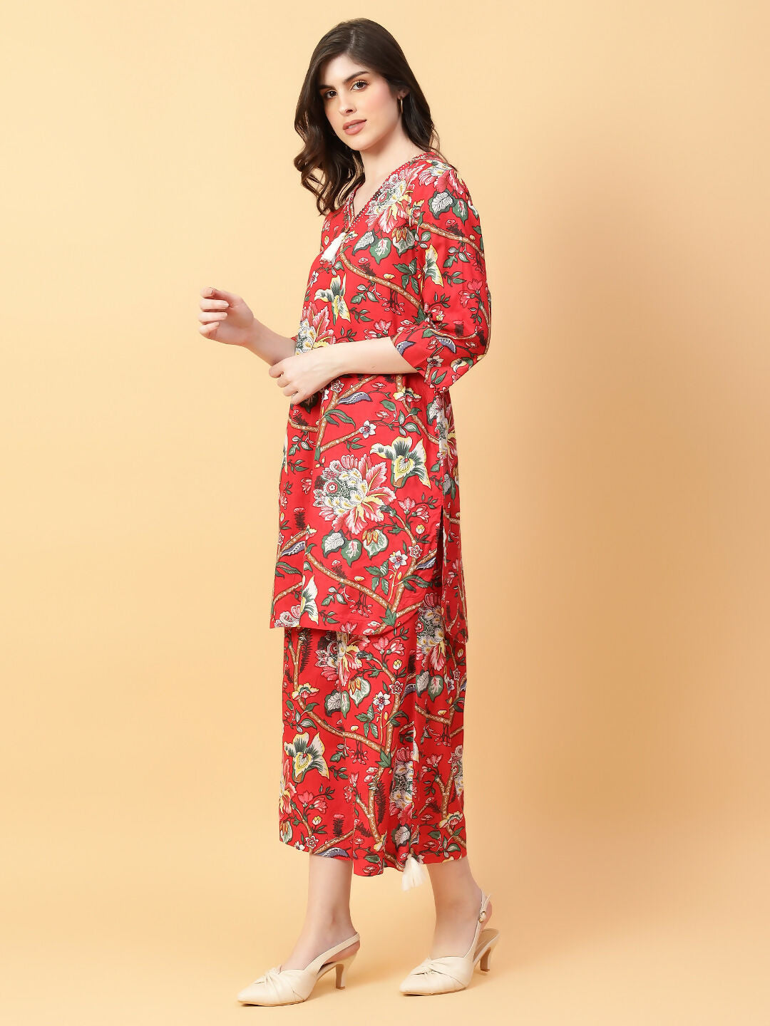 Joban Fashion Red Cotton Printed & Hand Work Co-ord Set