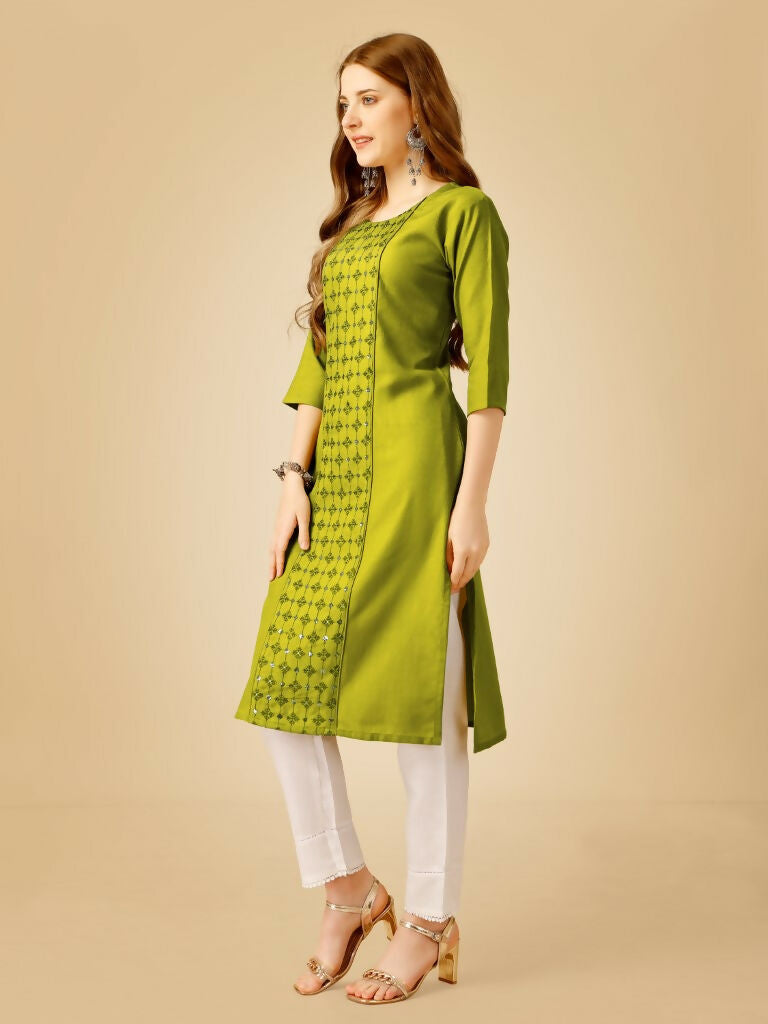 Women's Green Cotton Blend Embroidered Sequence Kurta Pant Set