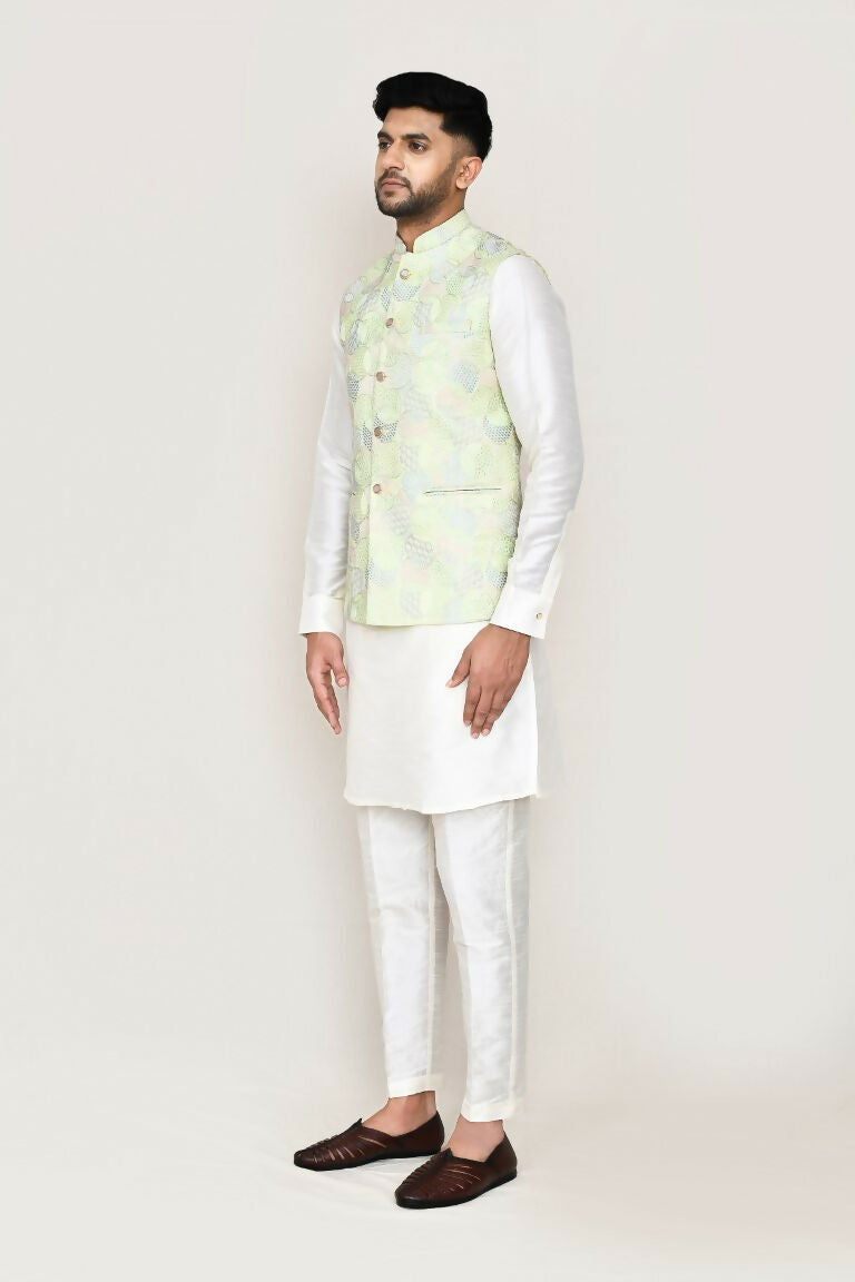 Men's Green Art Silk Embroidered Ethnic Jacket for Weddings