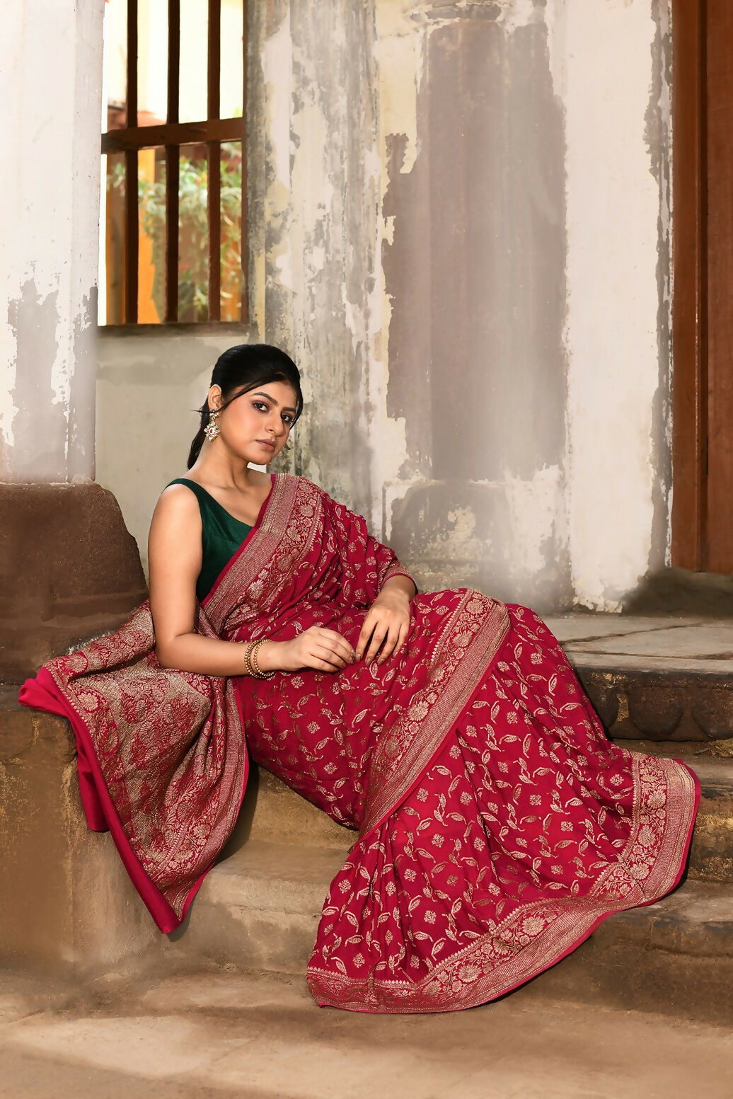 Hot Pink Crepe Chiffon Banarasi Handloom Silk Saree