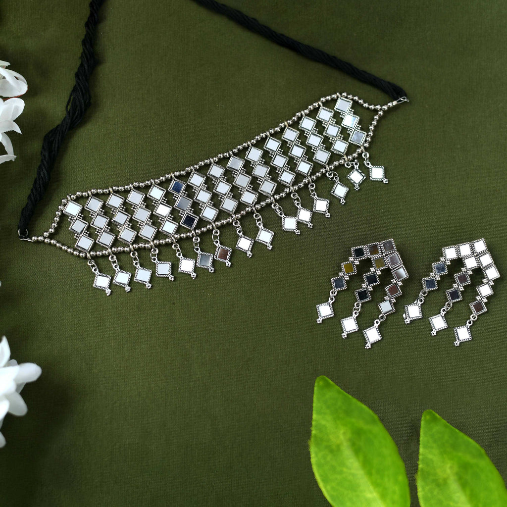 Oxidised Silver-Plated Alloy Mirror Choker Necklace