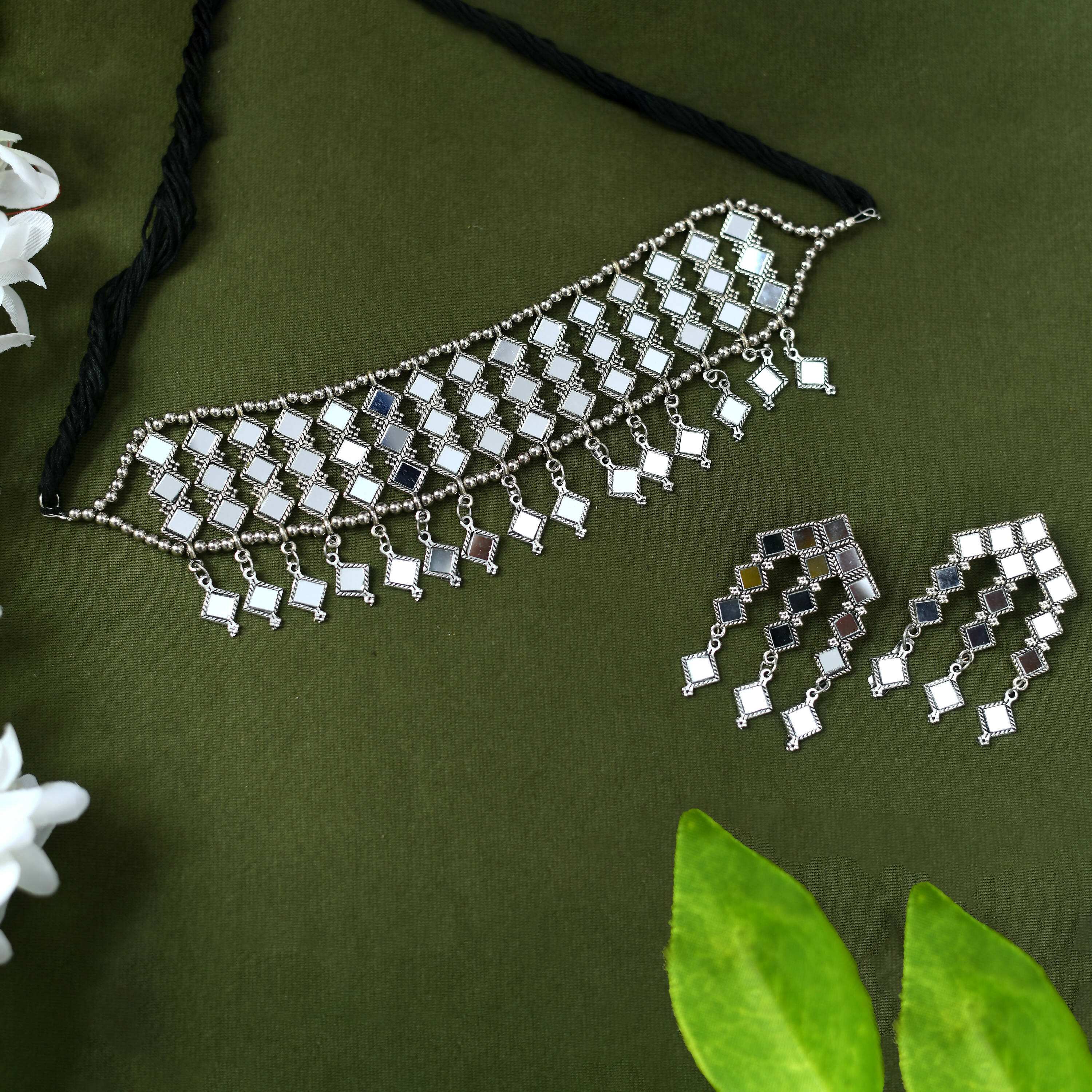 Oxidised Silver-Plated Alloy Mirror Choker Necklace