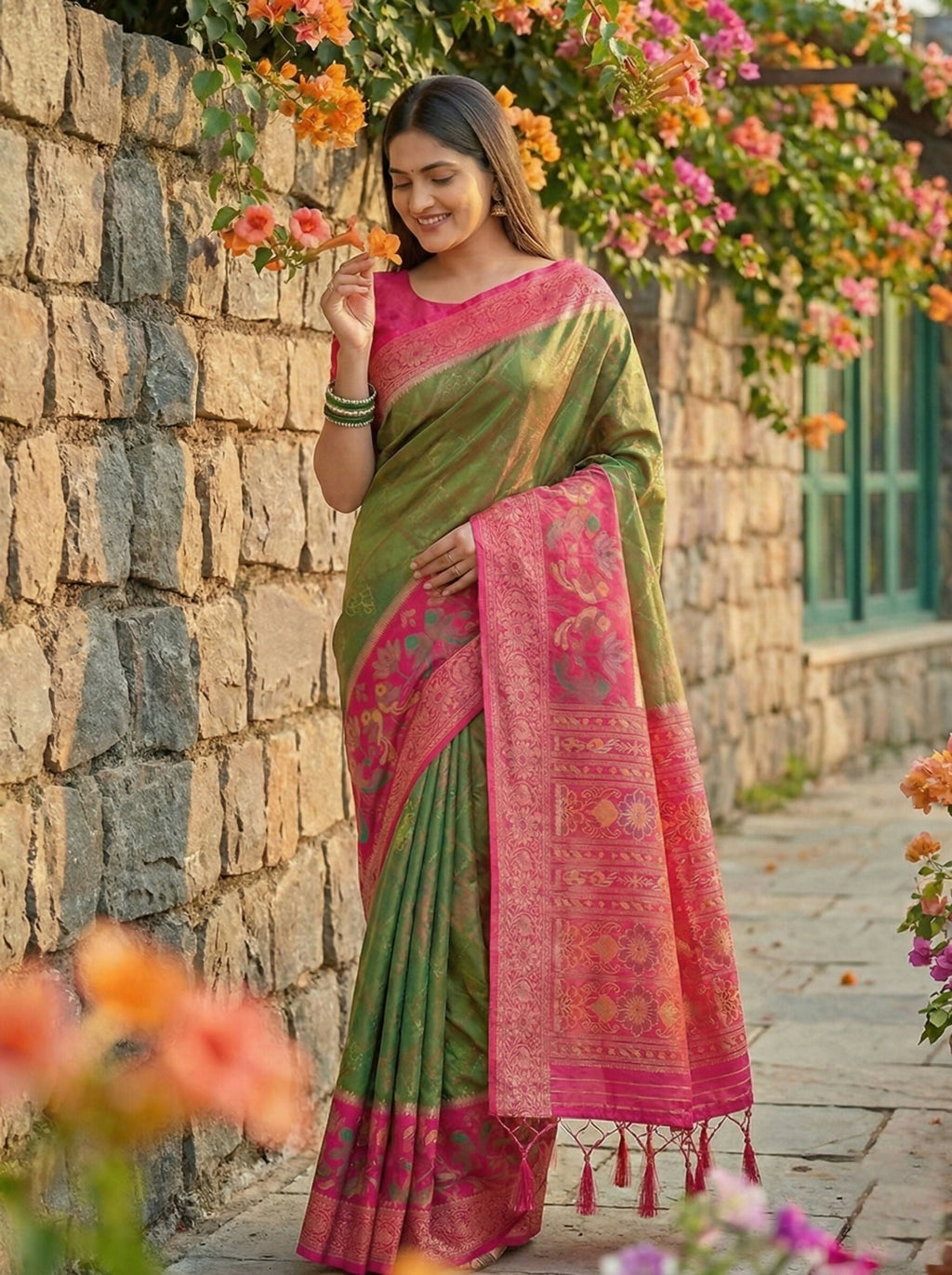 A beautiful Mehndi-colored Pochampally Silk saree with intricate patterns and a matching blouse piece.