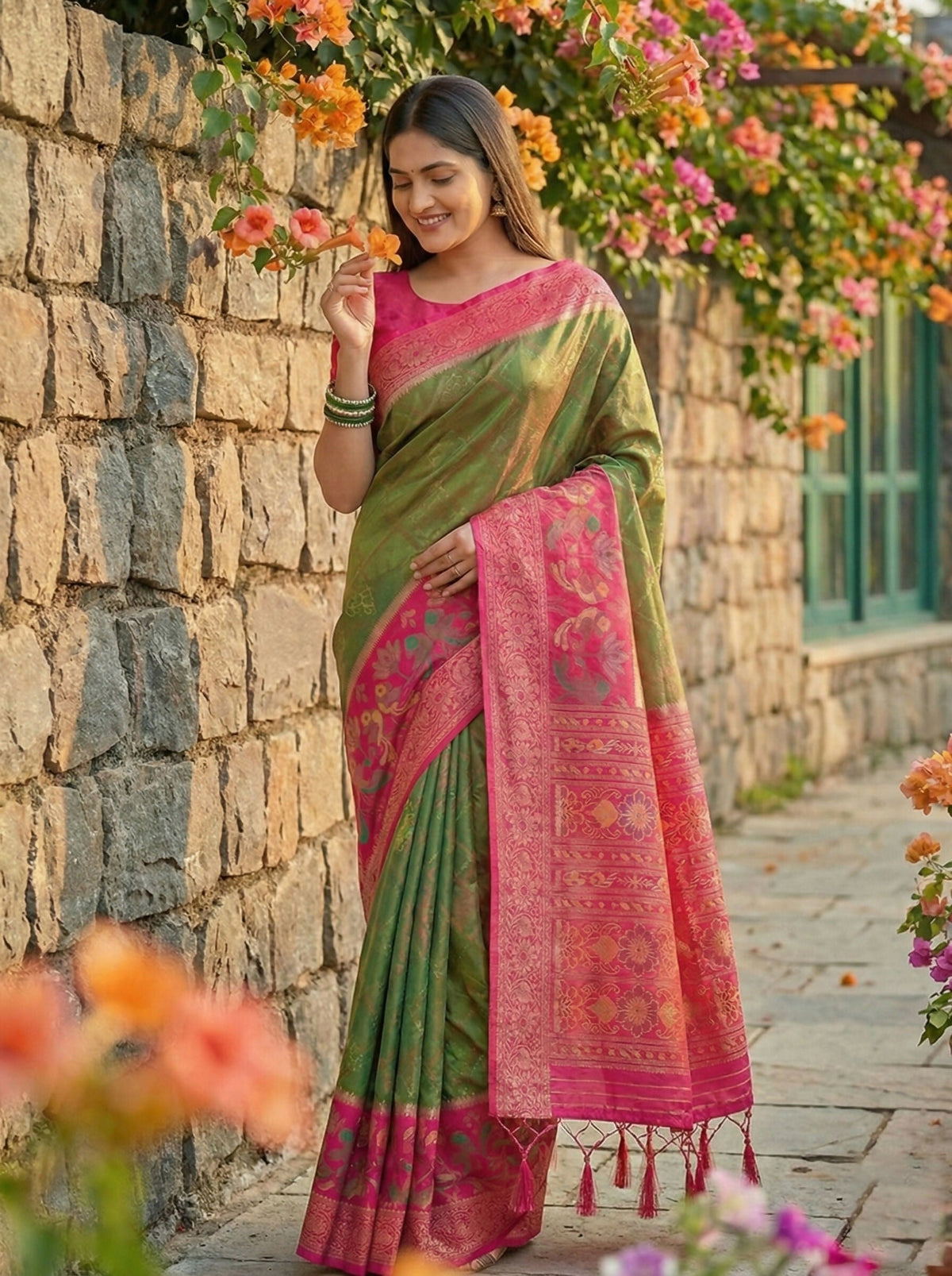 A beautiful Mehndi-colored Pochampally Silk saree with intricate patterns and a matching blouse piece.
