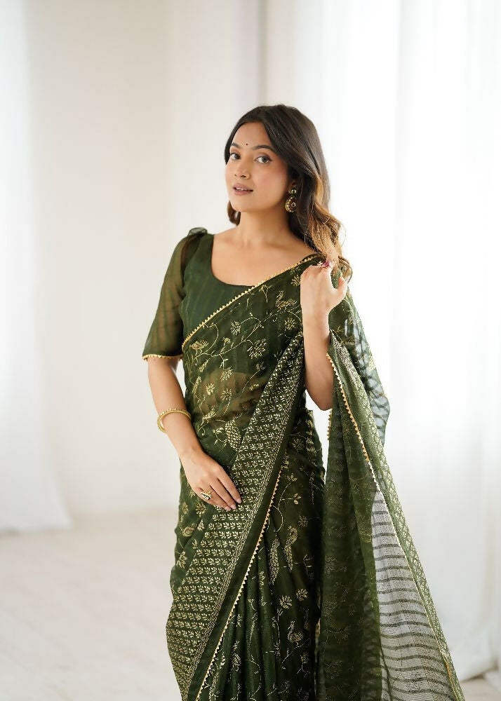 Mehendi Georgette Saree with Foil Work and Zalar Lace Border