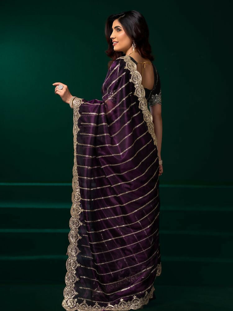 Wine Net Party Wear Saree with Contrast Black Velvet Blouse