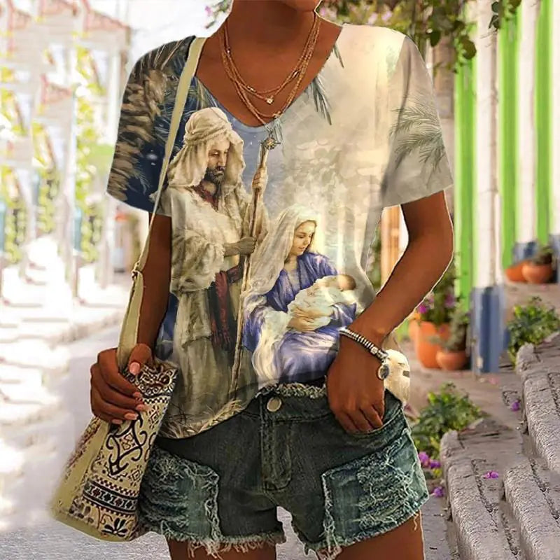 Women's Graphic Print V-Neck T-Shirt Casual Short Sleeve Tee