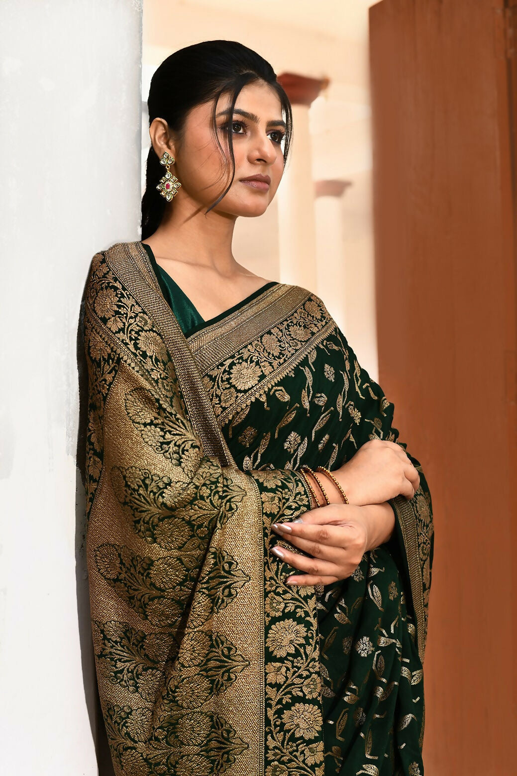 Emerald Green Crepe Chiffon Handloom Banarasi Saree