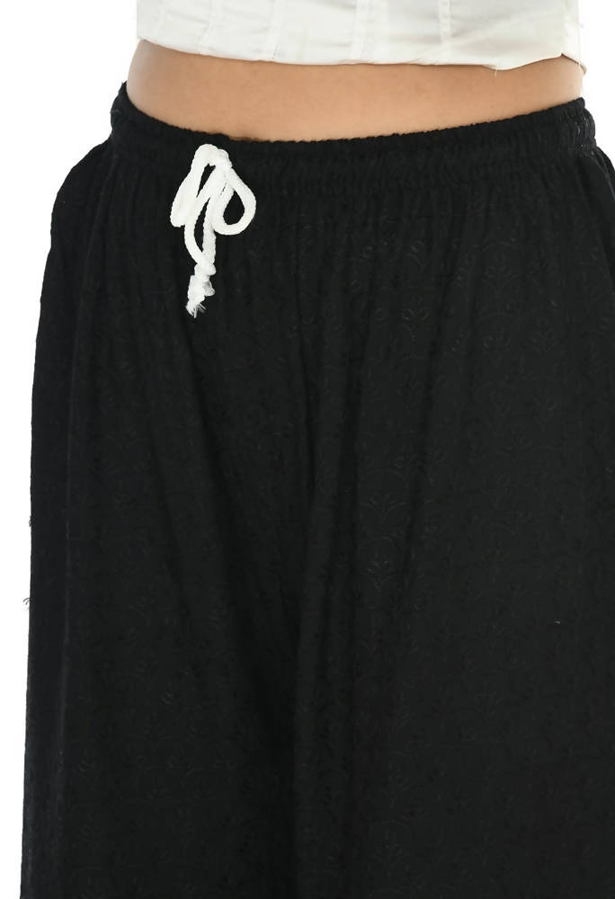 Black Chikankari Work Palazzo Pants in Rayon Cotton