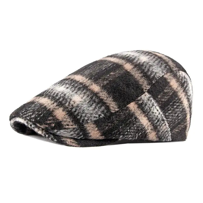 A close-up of a women's British-style plaid woolen hat, available in multiple color options.