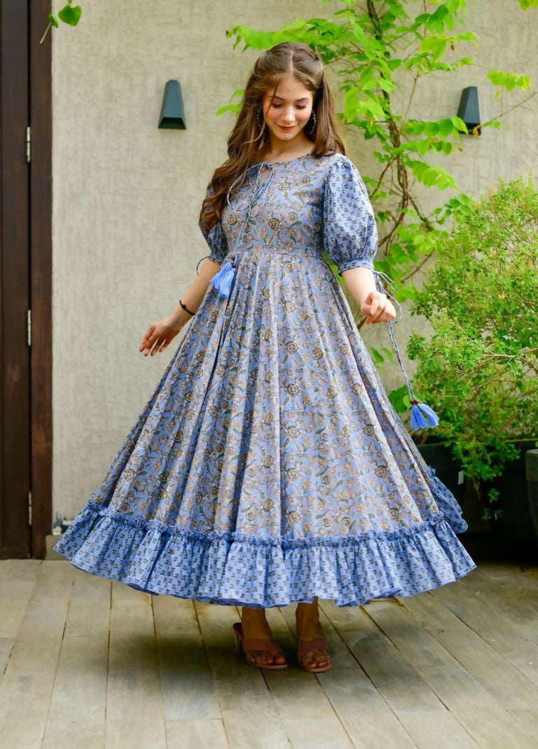 Blue cotton silk Anarkali dress with digital print and floor-length design