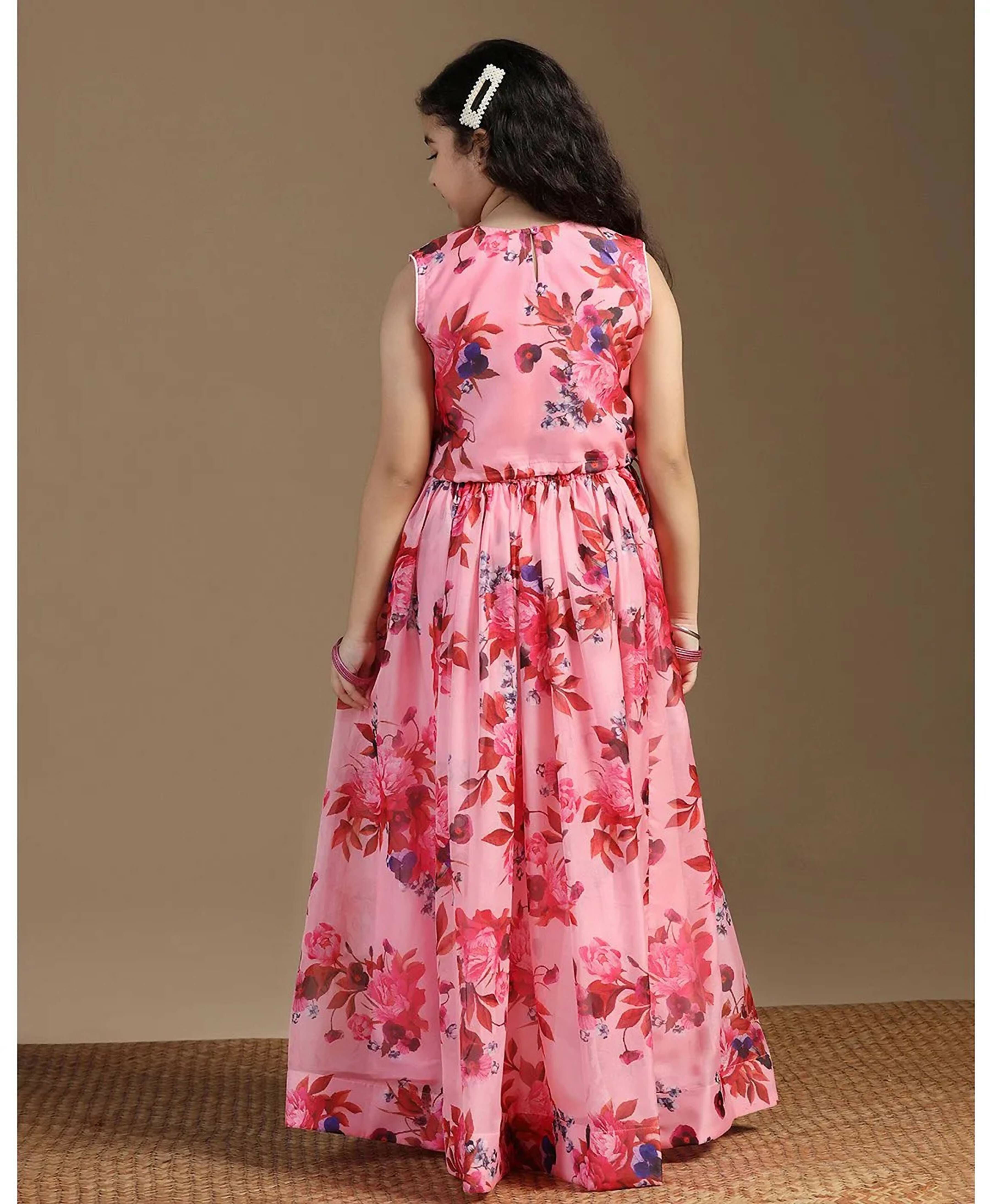 Girl's Peach Lehenga Choli in Premium Tabby Silk