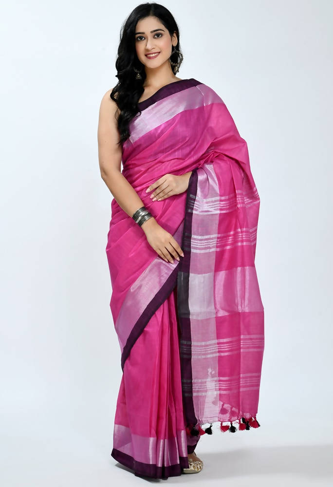 Vibrant pink Bhagalpuri handloom silk saree with contrast black blouse