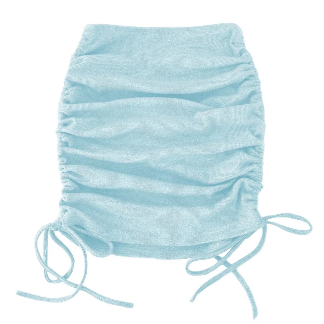 Close-up front view of a ruched side-drawstring mini skirt in light blue and grey