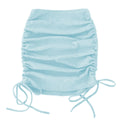 Close-up front view of a ruched side-drawstring mini skirt in light blue and grey