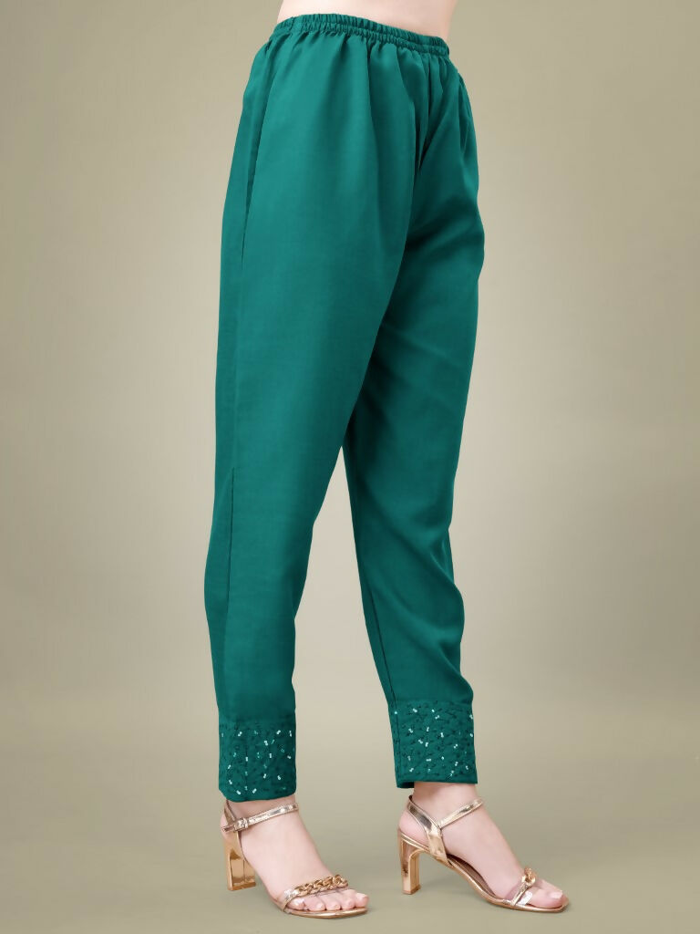 Women's Teal Cotton Blend Embroidered Straight Kurta with Trouser & Dupatta