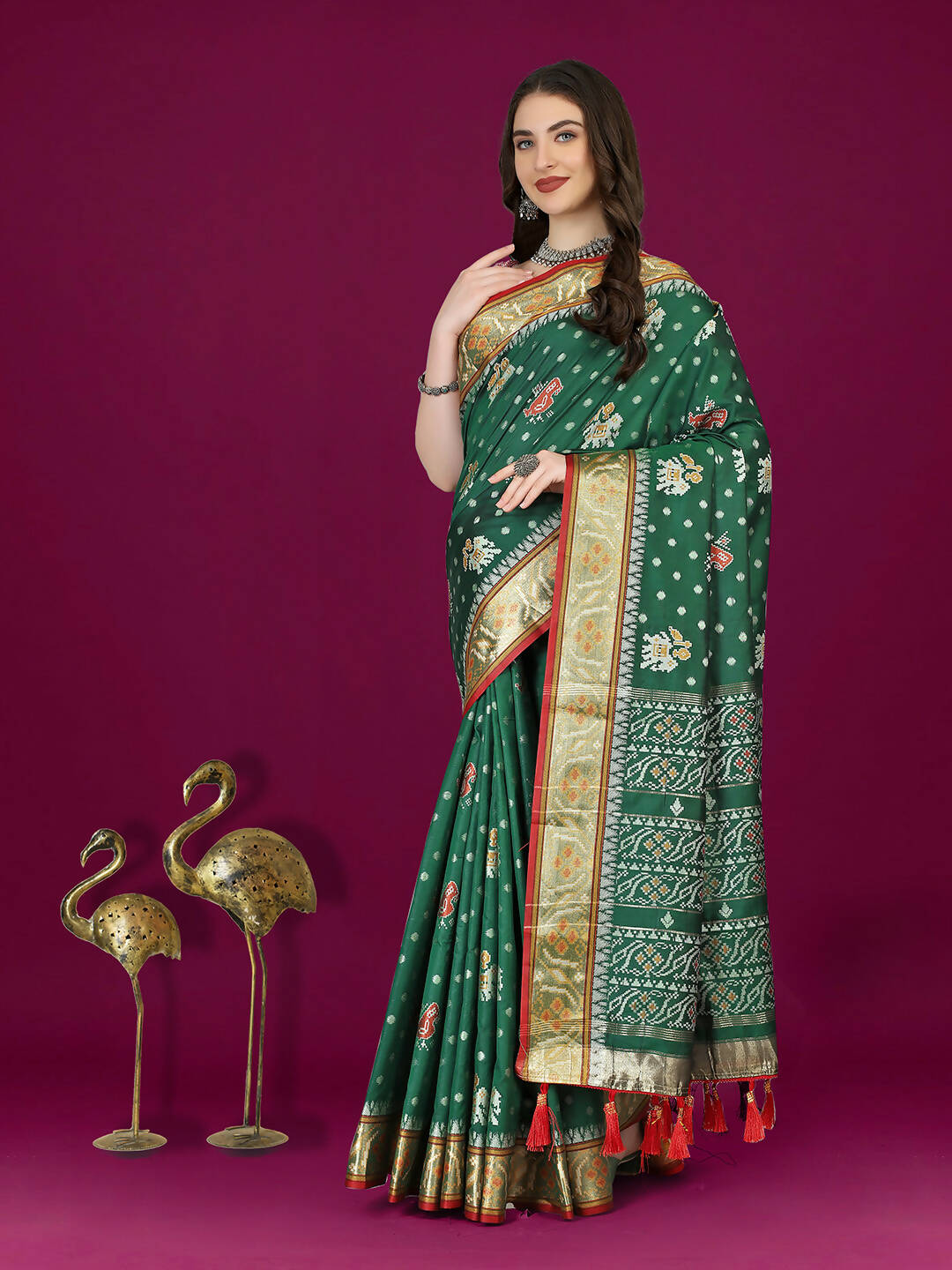 Green Patola Silk Saree with Zari Meenakari Woven Design