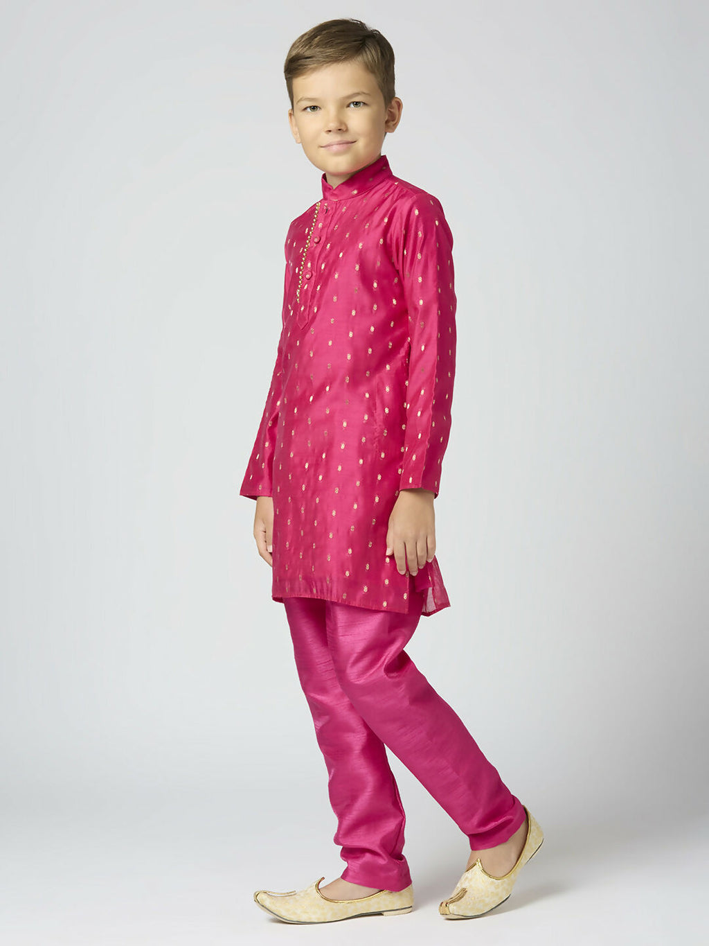 Kids Rani Pink Chanderi Kurta and Pyjama Set with Butta Work