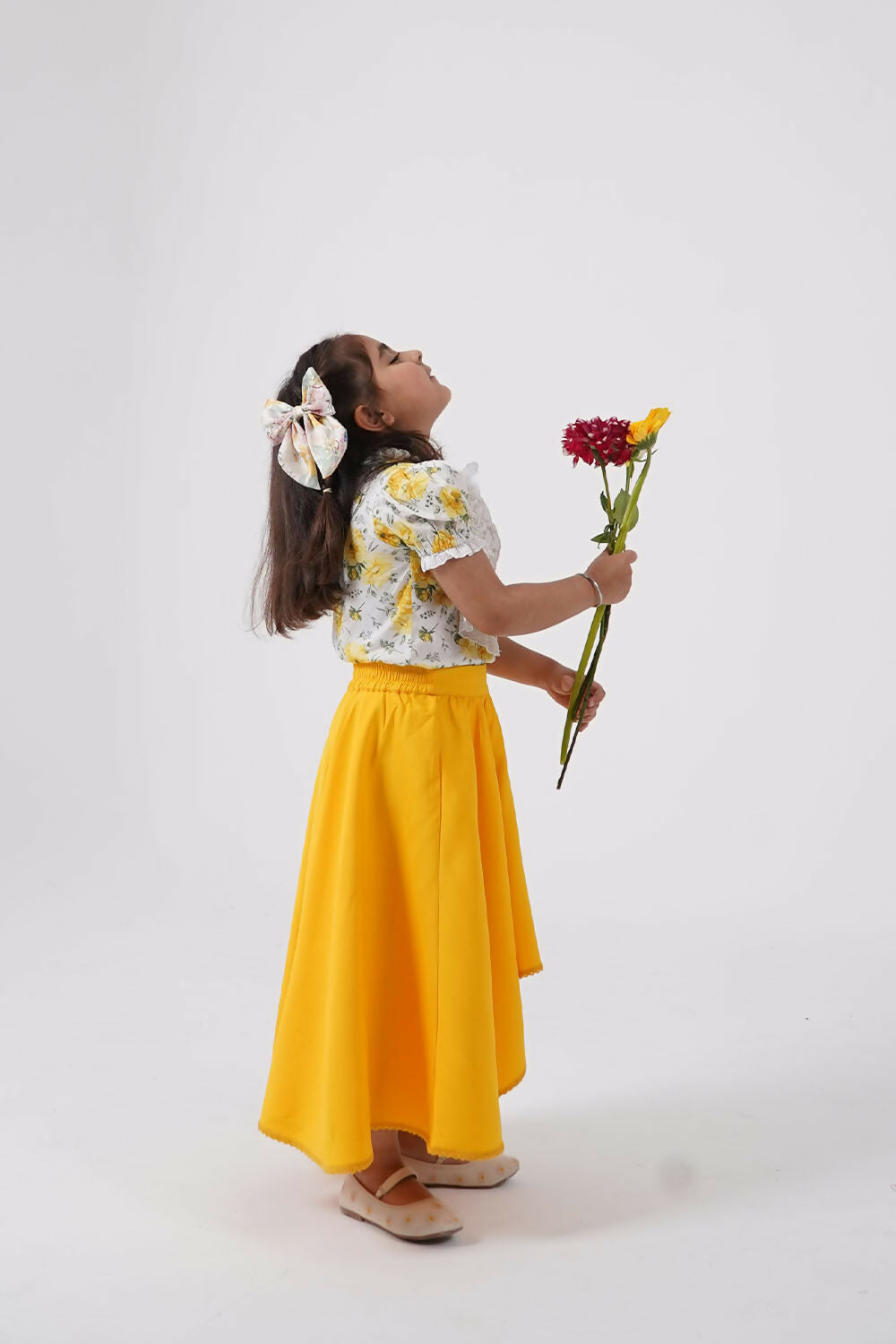 Girls Floral Puff Sleeve Top and High-Low Flared Skirt Set