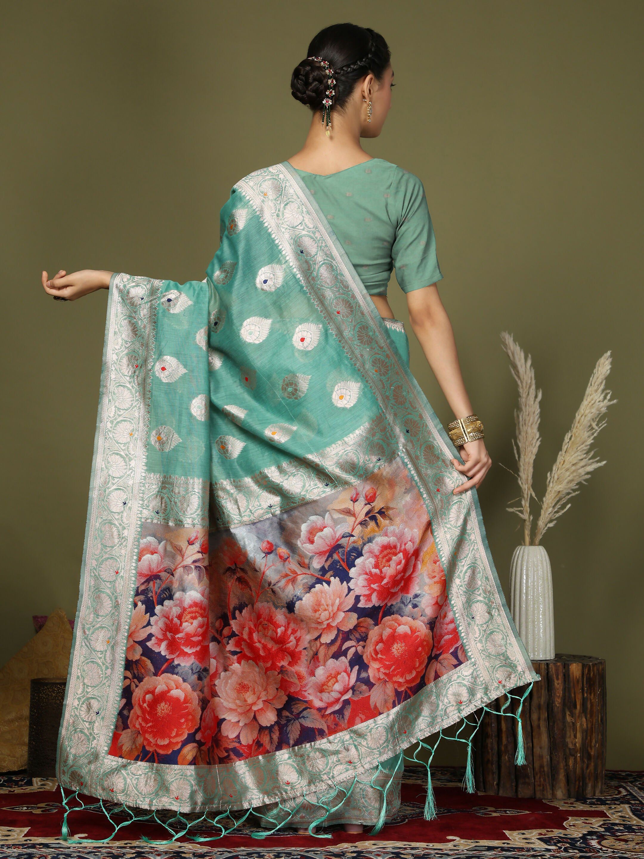 Rama Green Linen Cotton Saree with Matching Blouse Piece