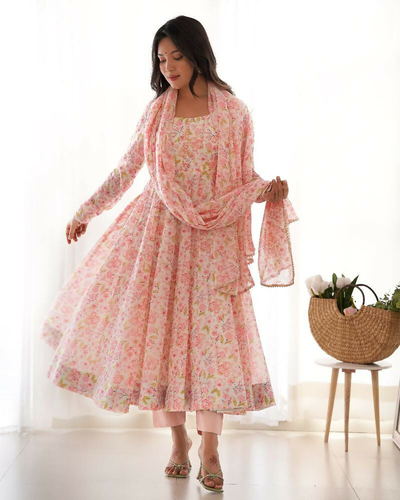 Peach Organza Kurta Set with Sequin Embroidery for Women