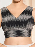 Black Ikat print silk sleeveless padded blouse with V-neck
