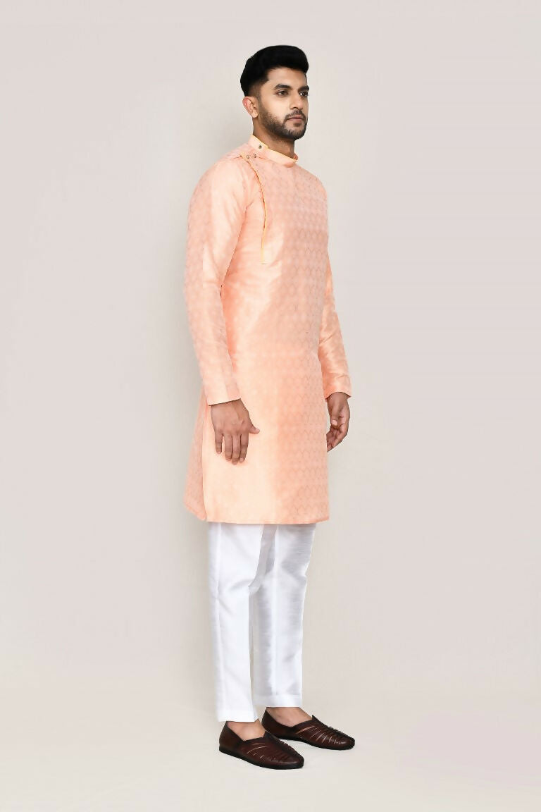 Peach Jacquard Silk Kurta Set with Straight Fit Pants