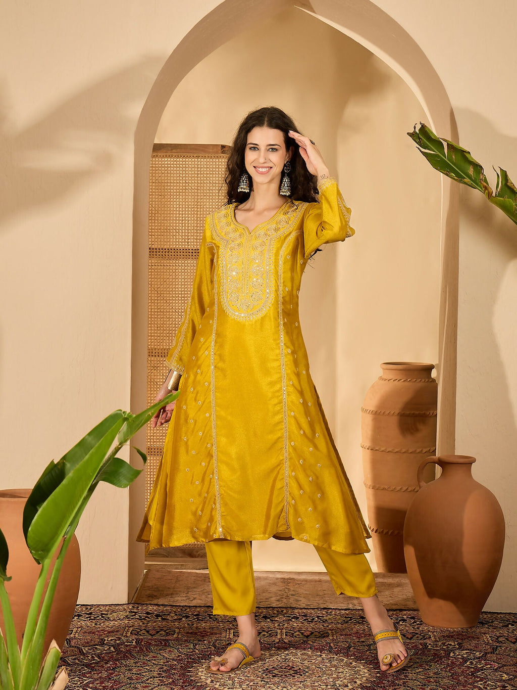 Mustard Vichitra Silk Kurta Set with Embroidery