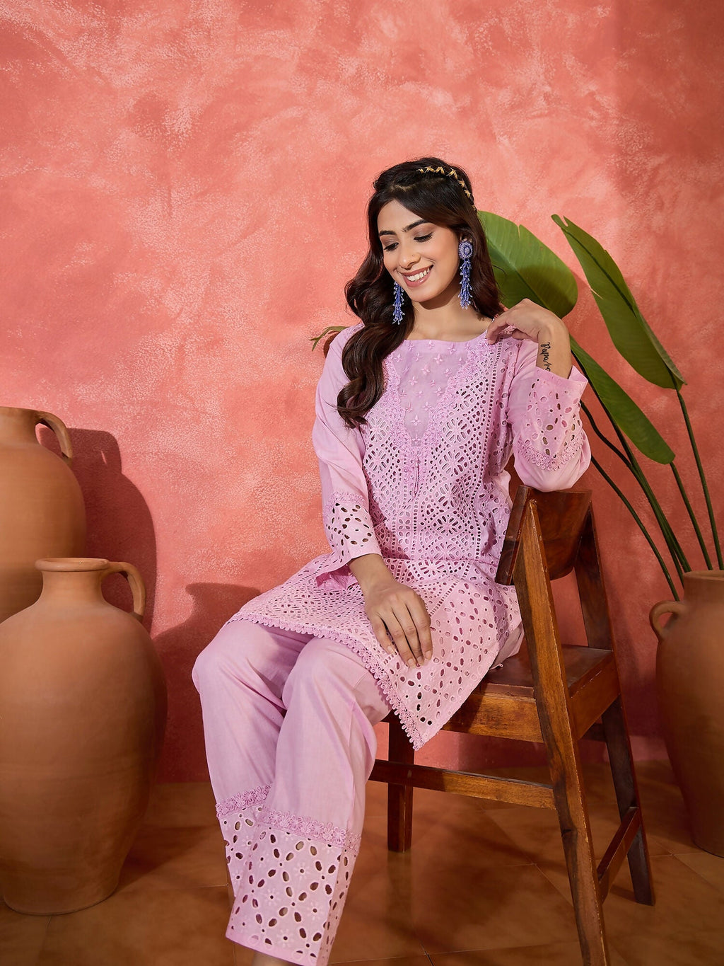 Pink Embroidered Pure Cotton Cord Set with 3/4 Sleeves