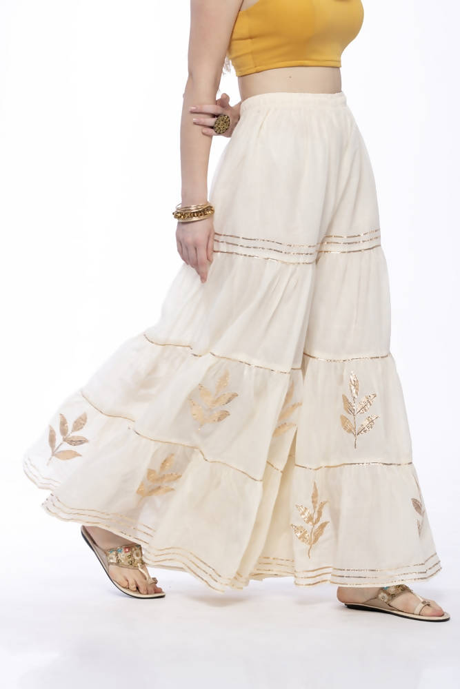 Off White Cotton Sharara Pants with Traditional Gotta Work Detailing