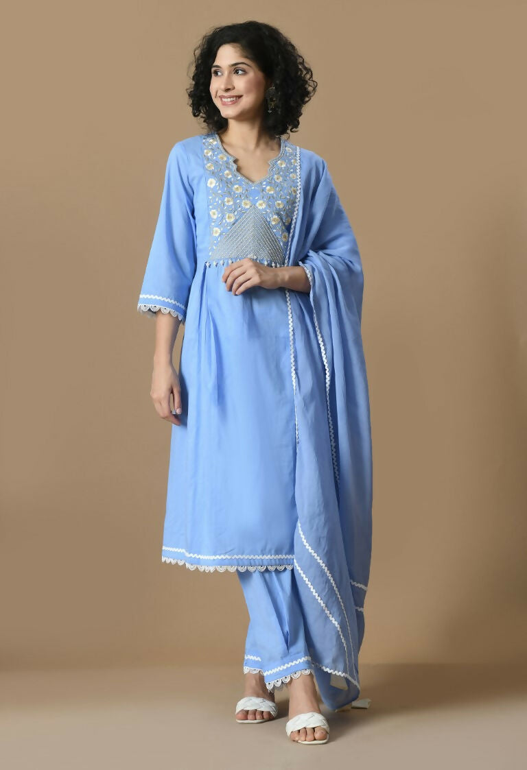 Light Blue Cotton Kurta Set with Organza Dupatta - 3 Piece Suit