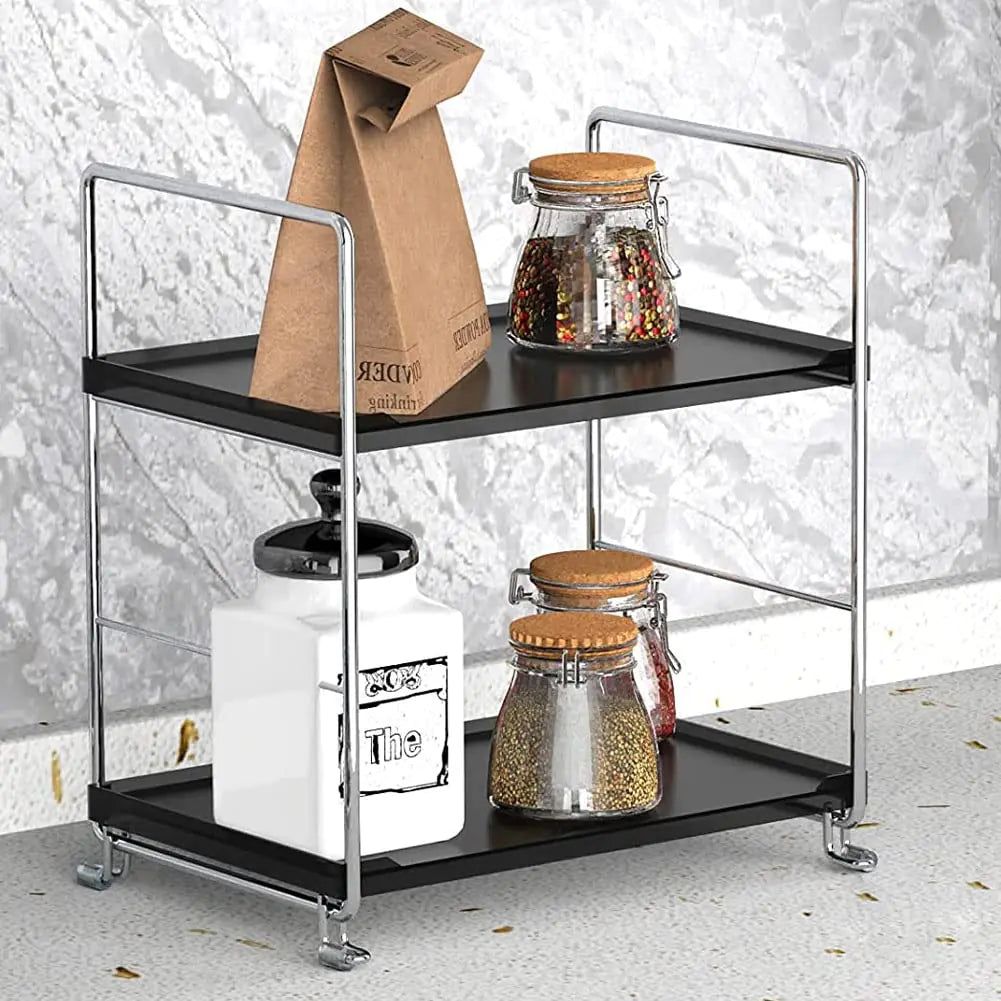 kaileyouxiangongsi Plastic/Metal Freestanding Stackable Organizer ShelfBathroom Countertop Storage Shelf Cosmetic Organizer Holder Kitchen Spice Rack2-Tier Standing Rack (Silver & Black)