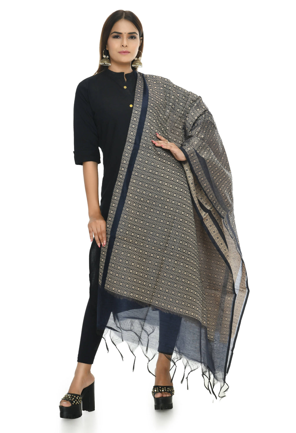 Navy Blue Handloom Cotton Dupatta - Classic Ethnic Accessory