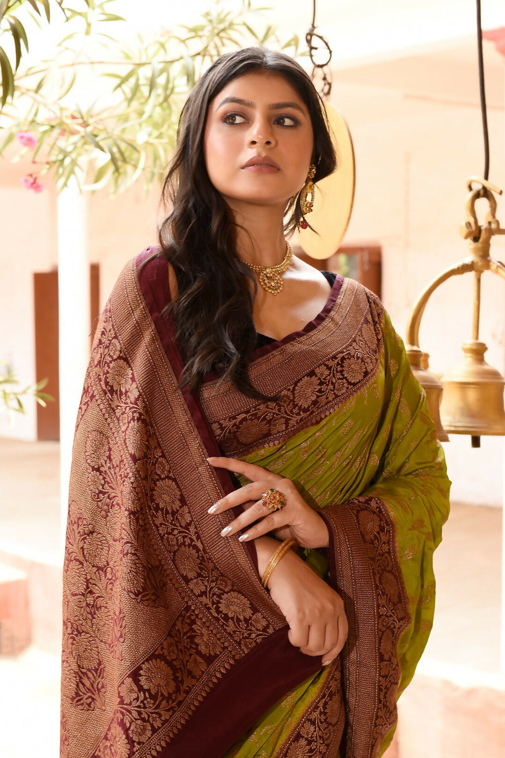 Grass Green Crepe Chiffon Banarasi Silk Saree