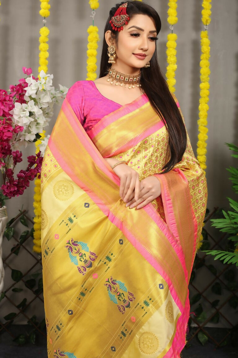 Cream Banarasi Silk Saree with Zari Woven Work and Pink Blouse