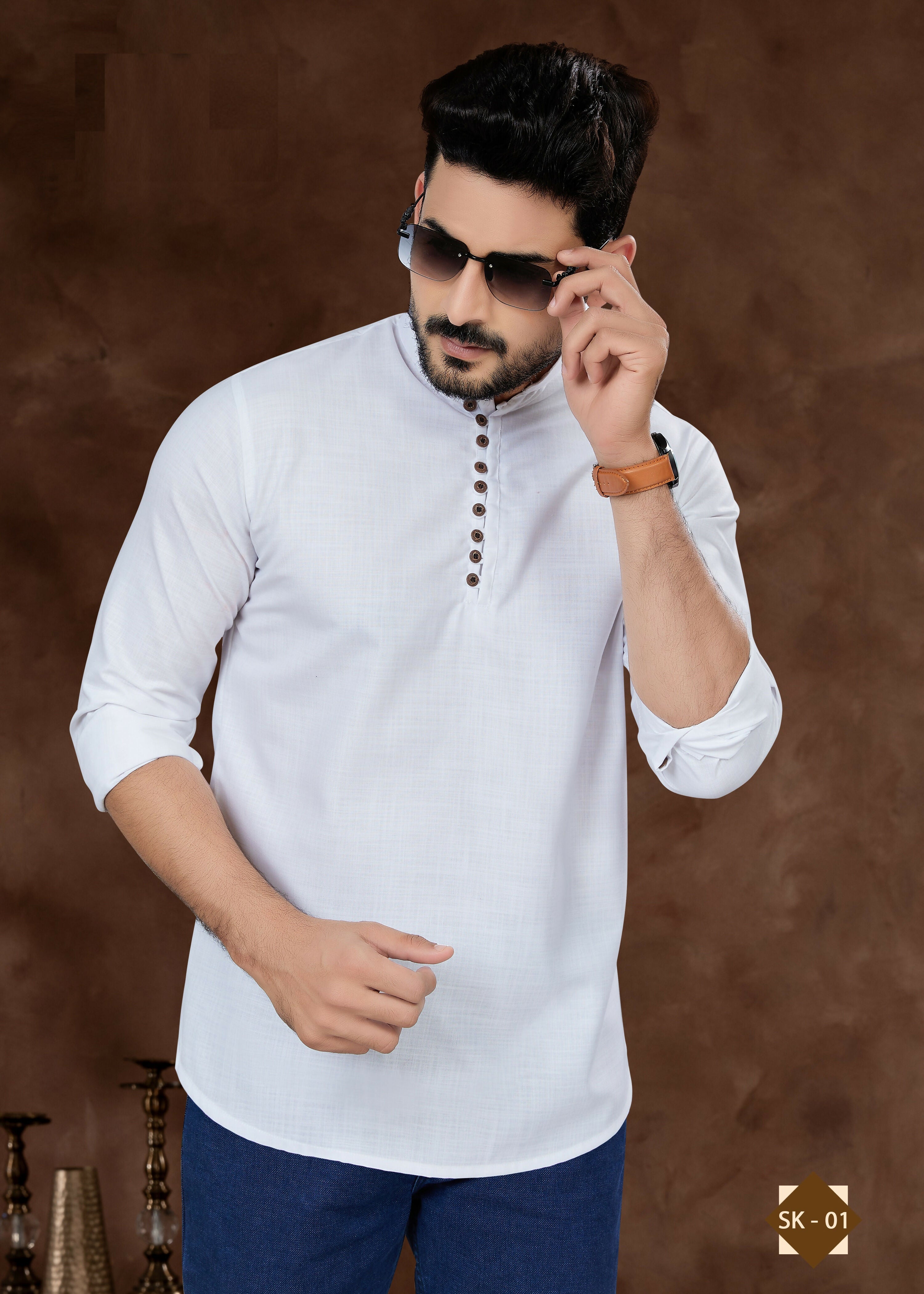 Men's White Plain Short Kurta in Pure Cotton