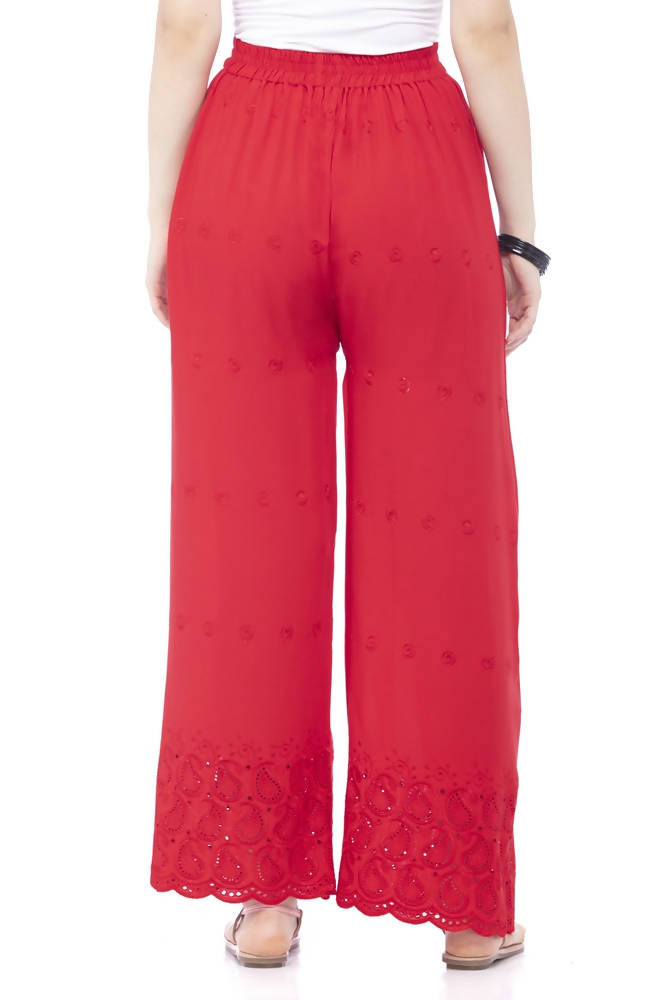 Women's Red Rayon Cotton Embroidered Chikan Palazzo Pants