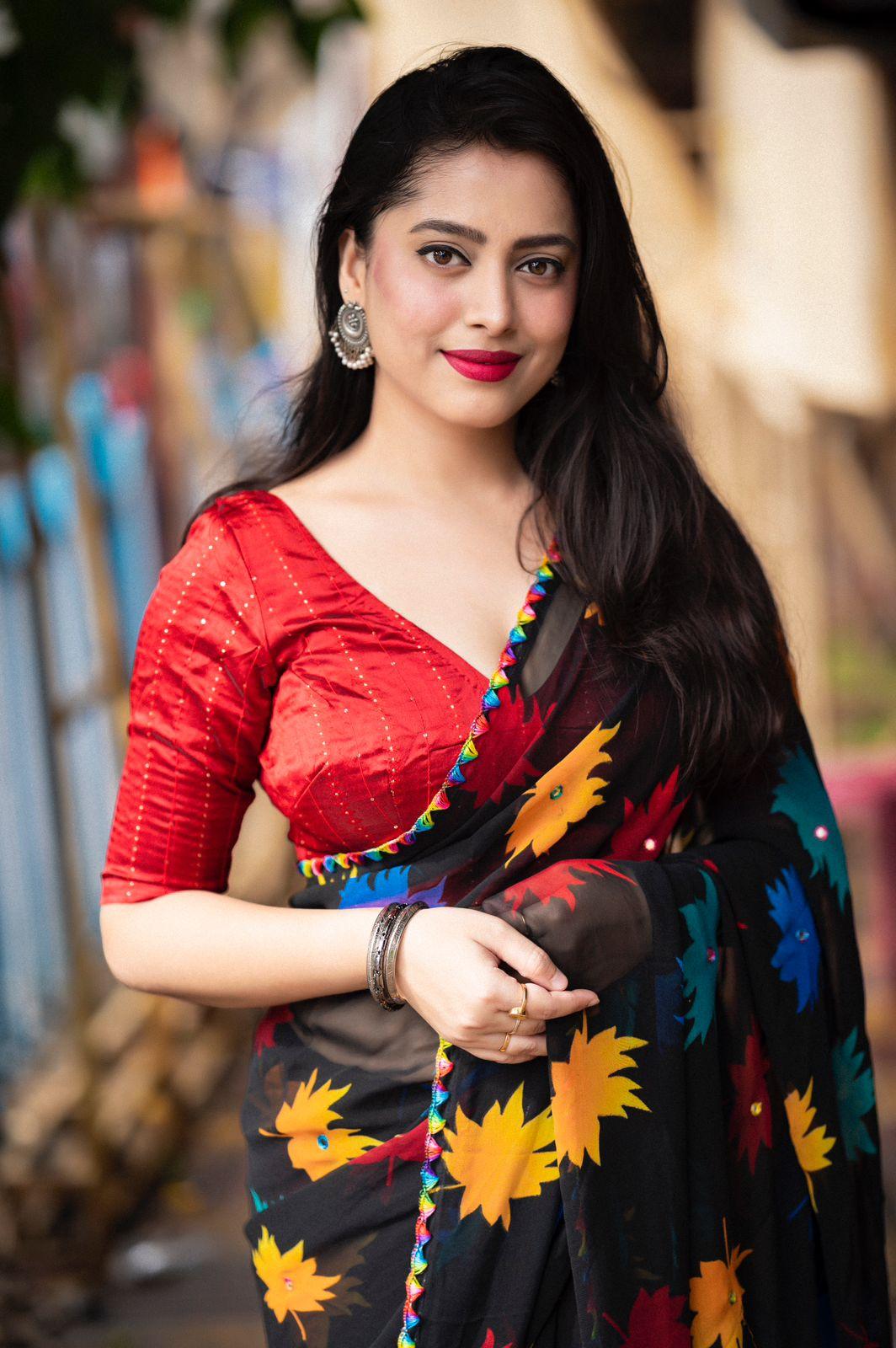 Black Poly Georgette Ethnic Motifs Saree with Unstitched Blouse - Hiral Fashion