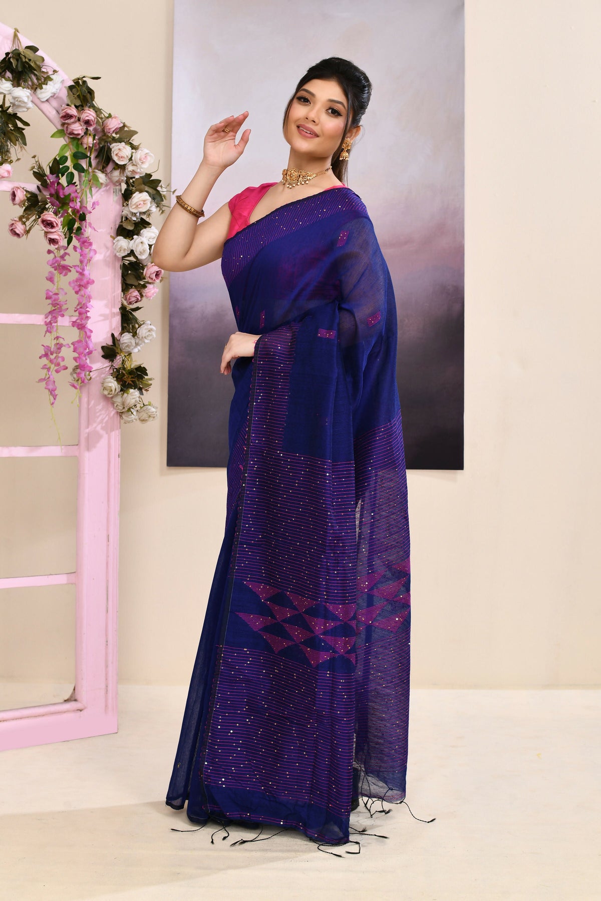 Women's Blue Jamdani Saree with Sequins and Cotton Blend
