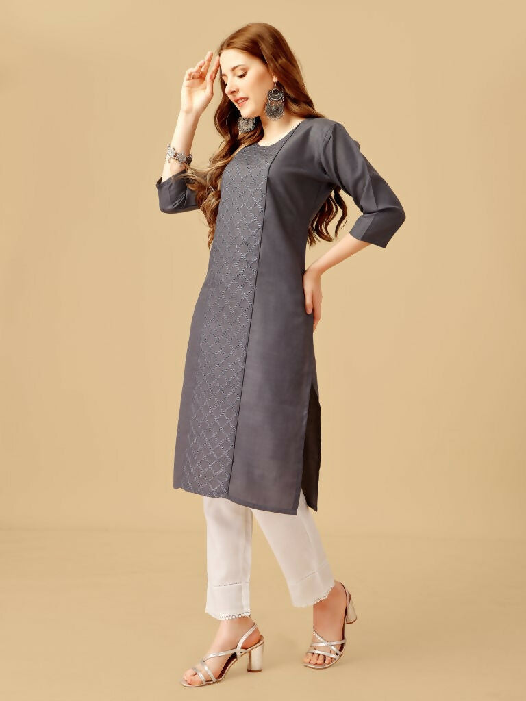 Grey Cotton Blend Embroidered Kurta Pant Set with Sequence Details