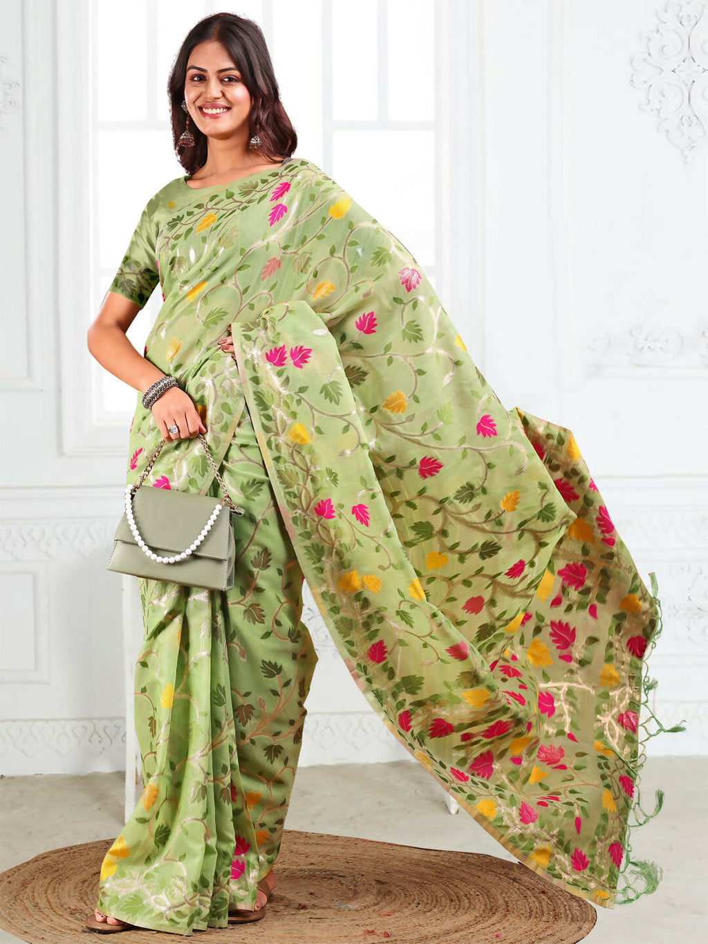 Light Green Linen Cotton Saree with Matching Blouse